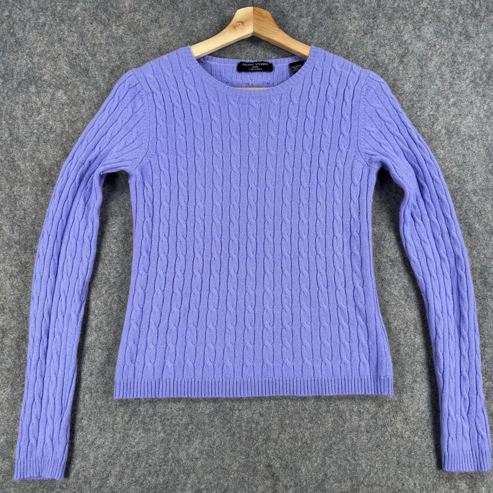 Valerie Stevens Sweater Womens PS Petite Purple 100% Cashmere Cable Crewneck